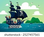 Pirate sail ship with corsair sailors, captain and boatswain characters, cartoon vector. Pirate ship or boat with Jolly Roger flag and corsairs aboard sailing to Caribbean adventure to treasure island