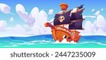 Pirate sail ship in sea background illustration. Old corsair and black flag with skull in ocean. Caribbean adventure on wooden deck of buccaneer frigate. Battleship vessel with skeleton design scene