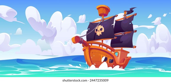 Pirate sail ship in sea background illustration. Old corsair and black flag with skull in ocean. Caribbean adventure on wooden deck of buccaneer frigate. Battleship vessel with skeleton design scene svg