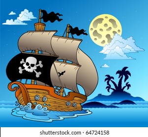 Pirate sailboat with island silhouette - vector illustration.