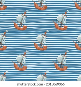 Pirate sailboat seamless pattern. Geometric boat and waves boys wallpaper. Decorative backdrop for fabric design, textile print, wrapping, cover. Cute child vector illustration. 