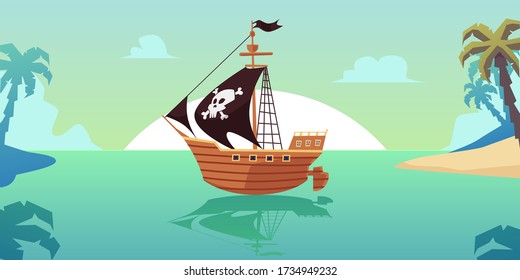 Pirate sailboat ship at background of sea tropical landscape, flat cartoon vector illustration. Template for party banner or advertising poster on pirates topic.