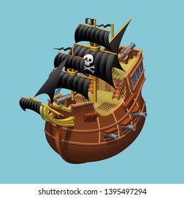 Pirate sailing old ship axonometric vector illustration