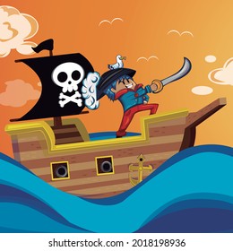 pirata navegando en un barco al atardecer