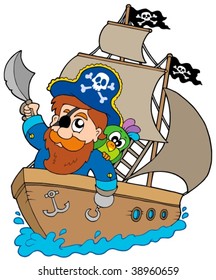 Pirate sailing on ship - vector illustration.