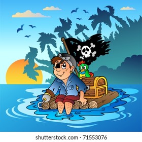 Pirate sailing on wooden raft - vector illustration.