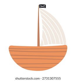 Navio de vela pirata isolado em fundo transparente. Mão desenhada ilustração vetorial plana. Impressão náutica para crianças, elemento de design, clip art. Transporte marítimo, meios de transporte
