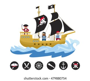 Pirate sailing ship with pirates and round piratical and nautical icons flat vector illustration