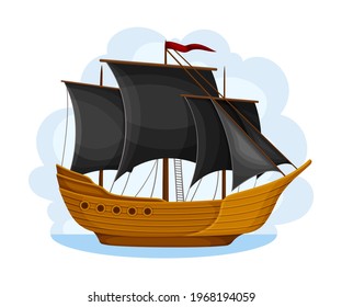 Pirate Sailing Ship with Square Rigged Masts Navigating Upon Water Vector Illustration