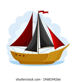 Pirate Sailing Ship with Square Rigged Masts Navigating Upon Water Vector Illustration