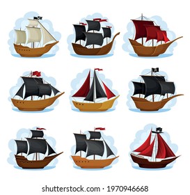 Pirate Sailing Ship with Square Rigged Masts Navigating Upon Water Vector Set