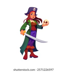 Pirate sailor girl or corsair captain woman character with sword and skull, cartoon vector personage. Caribbean pirate skipper or corsair girl character in tricorne hat with saber and skull in hand