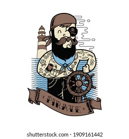 Pirate sailor man cartoon graphic illustration vector art t-shirt design