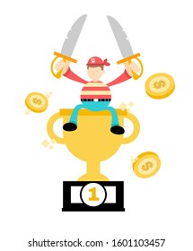 pirate sailor man worker pick trophy win champion cartoon doodle flat design style vector illustration
