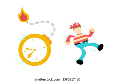 pirate sailor run for time bomb deadline cartoon doodle vector illustration flat design style