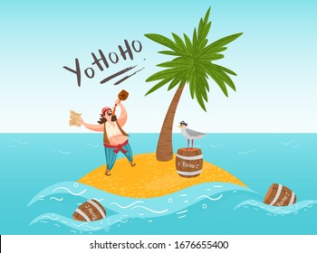 Pirate sagen Sie yo ho ho auf der Insel Alkohol trinken, Rum, Seagull sitzen auf Fass, Palmen flache Vektorillustration Illustration. Design einsam kriminellen, buccaner männlichen Charakter auf der Insel, Web-Banner, Vorlage.