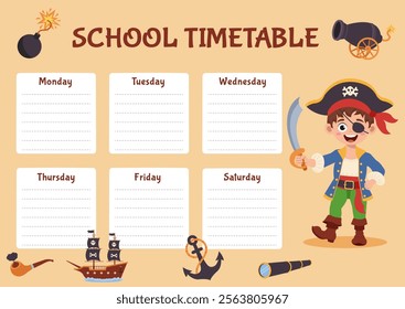 Pirate school timetable, lesson schedule. Timetable with pirate elements.