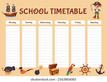 Pirate school timetable, lesson schedule. Timetable with pirate elements.