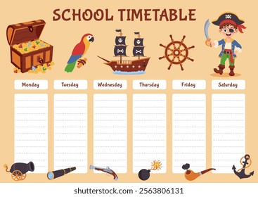 Pirate school timetable, lesson schedule. Timetable with pirate elements.