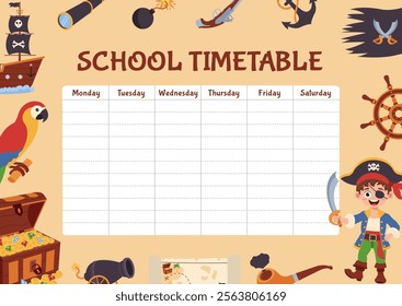 Pirate school timetable, lesson schedule. Timetable with pirate elements.