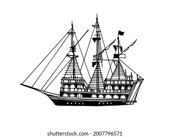 Pirate schooner. Vintage pleasure ship, old boat in the sea. Hand drawn sketch. Line art. Black and white vector illustration on white background. 