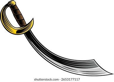 Um elemento de design de espada de sabre curvo cimitarra pirata em um estilo de xilogravura retro vintage