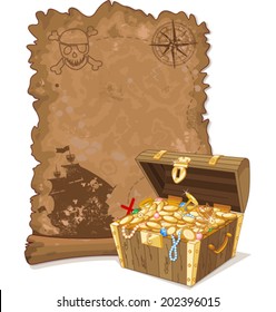  Pirate scroll map and chest full of gold