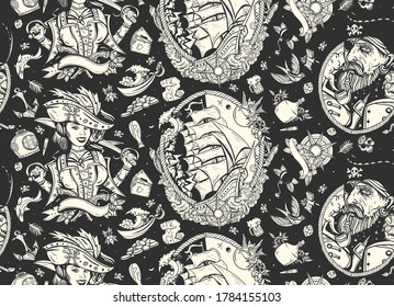 Pirate. Sea adventure seamless pattern. Captain, parrot, ship in storm, girl filibuster, compass, anchor, treasure island, swallows. Caribbean robbers. Traditional tattooing style. Marine background 