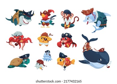 Pirate sea animals. Cartoon nautical animals wearing pirate hats and bandanas, cute brave fish shark monkey parrot crab and turtle. Vector marine characters set of pirate funny wildlife illustration