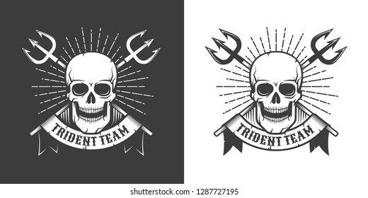 Pirate sea emblem with skull and crossed tridents. Vintage retro hipster style. Vector illustration.