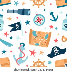 Pirate sea flat vector seamless pattern. Sailing backdrop. Anchor, map, compass, spyglass, bottle with rum and steering wheel on white background. Black pirate flag with crossed bones texture.