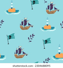Pirate sea flat vector seamless pattern. Sailing backdrop. Anchor, map, compass, spyglass, bottle with rum and steering wheel on white background. Black pirate flag with crossed bones texture