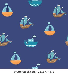 Pirate sea flat vector seamless pattern. Sailing backdrop. Anchor, map, compass, spyglass, bottle with rum and steering wheel on white background. Black pirate flag with crossed bones texture