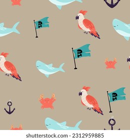Pirate sea flat vector seamless pattern. Sailing backdrop. Anchor, map, compass, spyglass, bottle with rum and steering wheel on white background. Black pirate flag with crossed bones texture