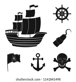 Pirate, sea robber black icons in set collection for design. Treasures, attributes vector symbol stock web illustration.