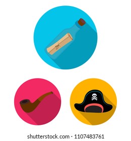 Pirate, sea robber flat icons in set collection for design. Treasures, attributes vector symbol stock web illustration.