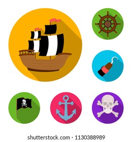 Pirate, sea robber flat icons in set collection for design. Treasures, attributes vector symbol stock web illustration.