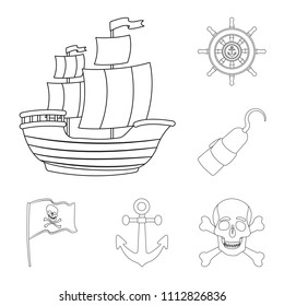 Pirate, sea robber outline icons in set collection for design. Treasures, attributes vector symbol stock web illustration.
