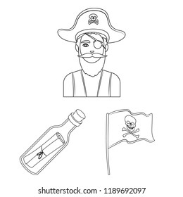 Pirate, sea robber outline icons in set collection for design. Treasures, attributes vector symbol stock web illustration.