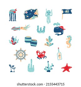 Pirate sea set. Animals and algae. Treasure map. Crab, jellyfish, octopus, squid, whale, seahorse, starfish. Items: barrels, a steering wheel, a bottle with a letter, a flag with a skull. 