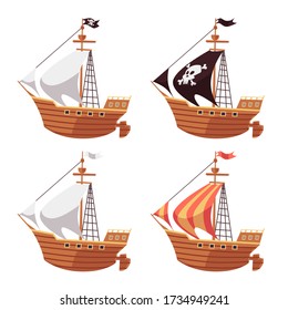 Pirate sea ship and regular sailboat set with black, white and striped sails. Cartoon boat collection isolated on white background - flat vector illustration.