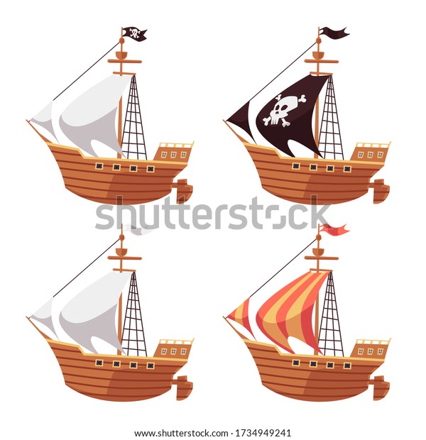 海賊船と 白黒の帆と縞模様の帆をセットした通常の帆船 白い背景に漫画のボートコレクション 平らなベクターイラスト のベクター画像素材 ロイヤリティフリー