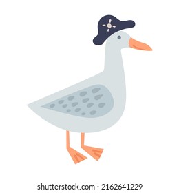 Pirate seagull in hat. Cute underwater animals, sea robbers cartoon illustration. Ship with anchor, crab, octopus, childish captain character on white