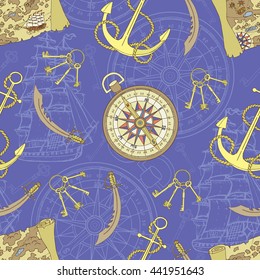 Pirate seamless background with treasure map, anchor and compass. Sea doodle illustration with vintage transportation emblems, hand drawn repeated vector drawing with marine elements, nautical pattern