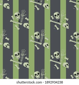 Pirate seamless doodle pattern with hand drawn skull and bones ornament. Green and grey striped background. Stock illustration. Vector design for textile, fabric, giftwrap, wallpapers.