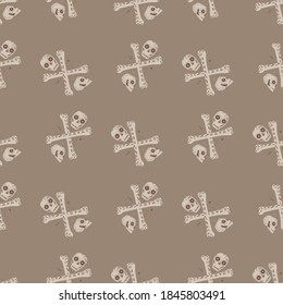 Patrón de garabatos sin fisuras piratas en tonos pastel con calaveras y huesos. Símbolo de la muerte impreso en fondo beige. Ilustración vectorial para impresiones textiles estacionales, tela, carteles, fondo y papel tapiz