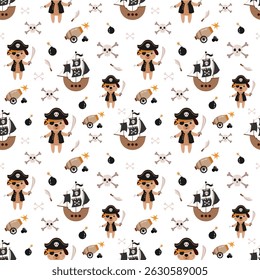 Pirata padrão sem emenda. Padrão do mar adorável para crianças. Design vetorial desenhado à mão pirata bonito em estilo de desenho animado plano