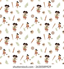 Pirata padrão sem emenda. Padrão do mar adorável para crianças. Design vetorial desenhado à mão pirata bonito em estilo de desenho animado plano