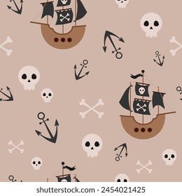 Pirate seamless pattern in cartoon flat style. Nautical digital paper. Hand drawn vector pattern