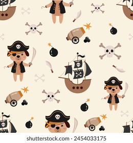 Piraten nahtlose Muster in Cartoon flach Stil. In: Pirate Animal Digital Paper. Natürliches Muster. In: Sea Scrapbook Paper. Piraten Geburtstagsfeier Print.